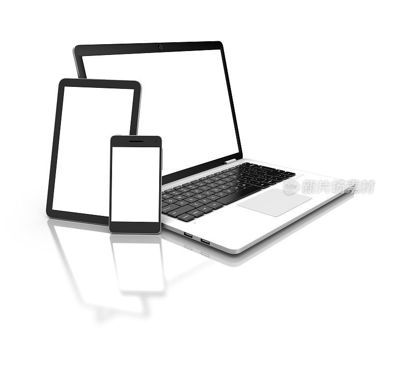 现代笔记本电脑，平板电脑和智能手机隔离在白色。3 d仁德